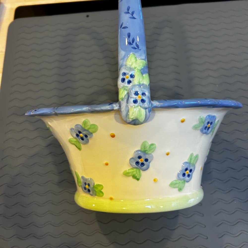 Floral Ceramic Basket with Blue and Yellow Accents
